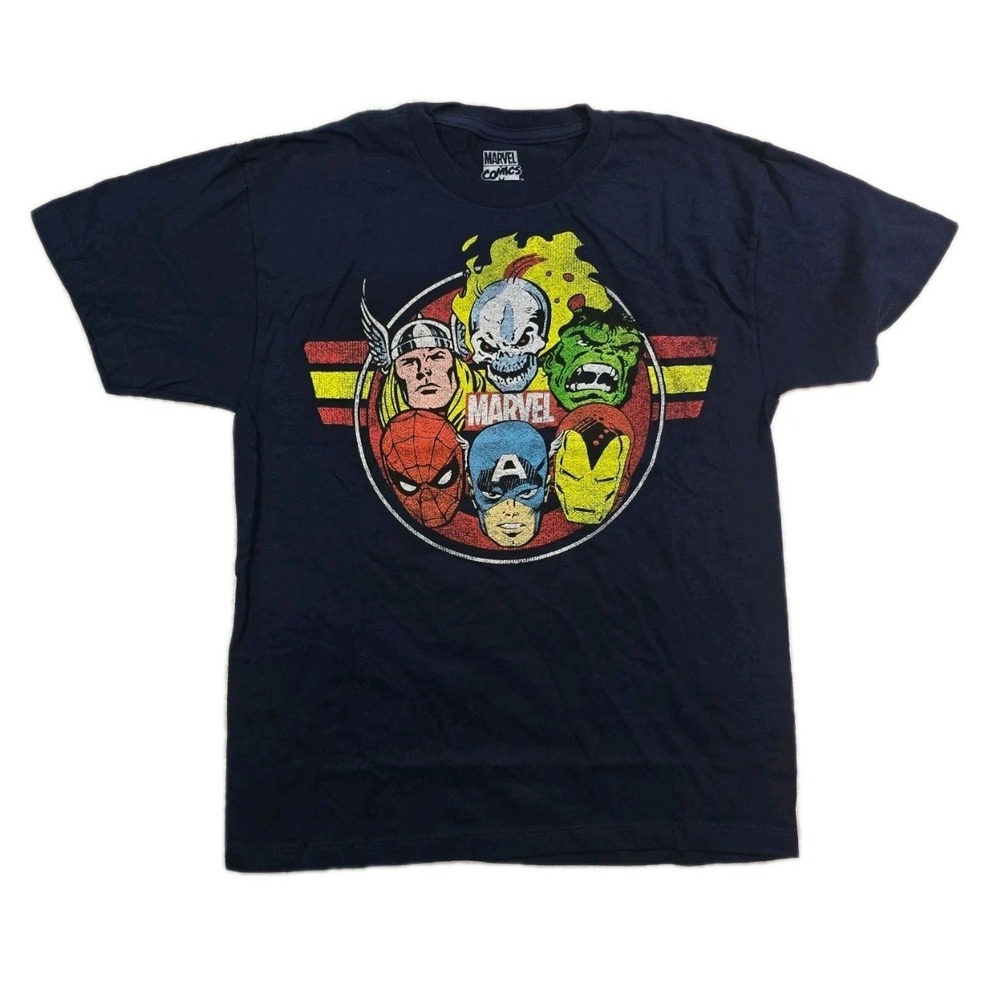 Official Marvel Comics Mens Avengers T-shirt Thor Hulk Iron Man Blue Medium